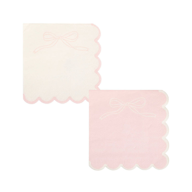 Both Pink Bow Scalloped Paper Cocktail Napkin designs displayed side by side on white background — cream napkin with pink bow + pink scalloped edge, pink napkin with white bow + white scalloped edge