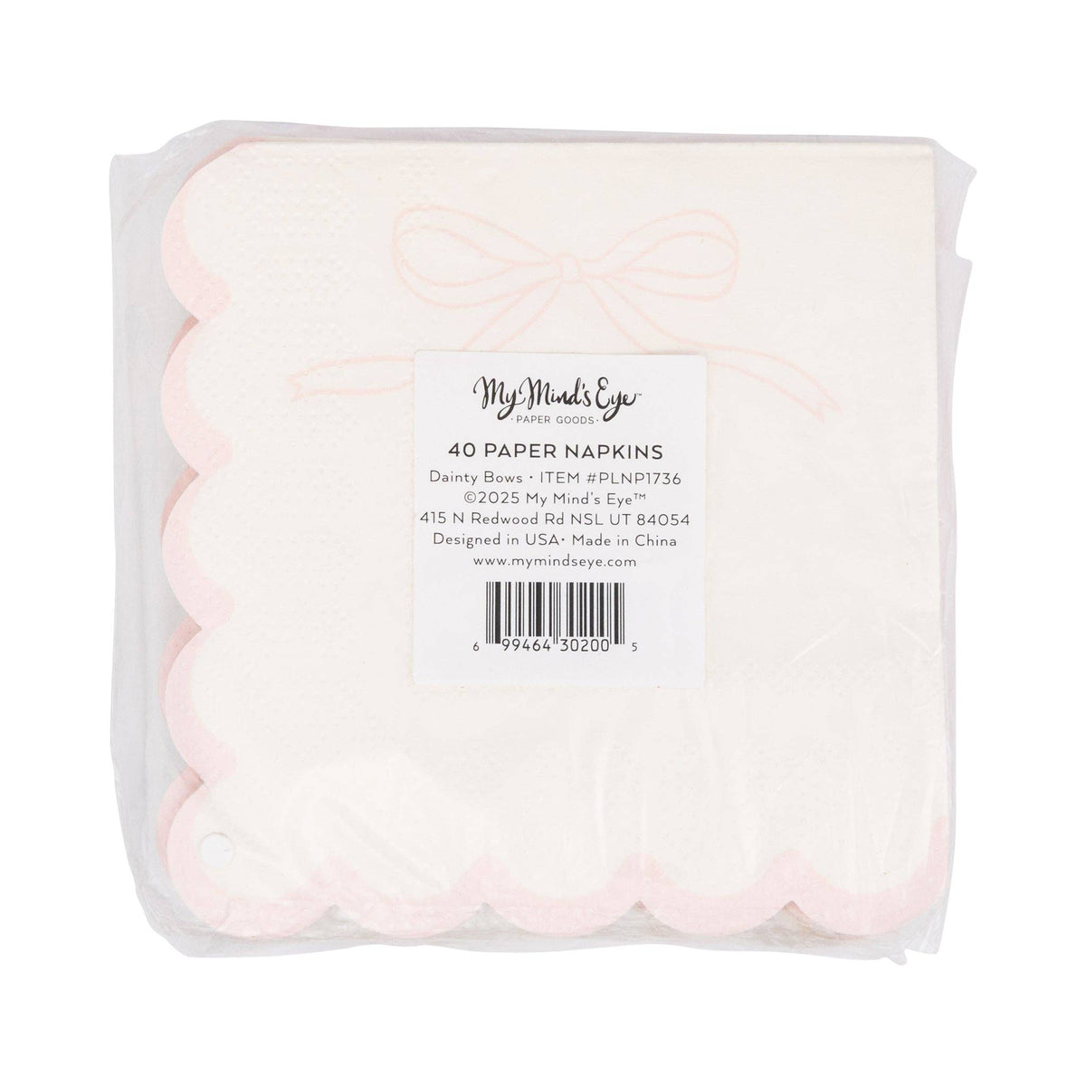 Stack of Pink Bow Scalloped Paper Cocktail Napkins in packaging showing cream napkin with pink ribbon bow line drawing and pink scalloped edge, with My Mind's Eye paper goods product label confirming 40 paper napkins dainty bows design, SKU PLNP1736
