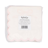 Stack of Pink Bow Scalloped Paper Cocktail Napkins in packaging showing cream napkin with pink ribbon bow line drawing and pink scalloped edge, with My Mind's Eye paper goods product label confirming 40 paper napkins dainty bows design, SKU PLNP1736