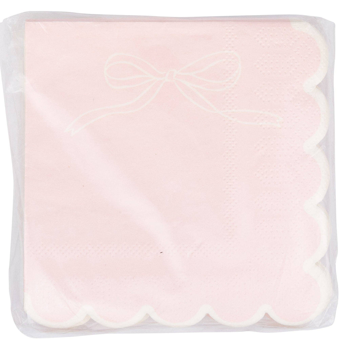 Front view of unopened Pink Bow Scalloped Paper Cocktail Napkins package showing the pink napkin design with white ribbon bow line drawing in upper corner and white scalloped edge