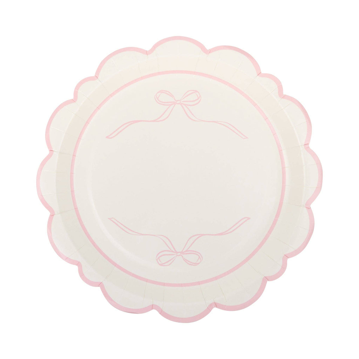 Single cream pink bow scalloped paper plate on white background showing cream surface with two pink ribbon bow line drawings at top and bottom of inner circle, framed by a pink scalloped flower-shaped edge
