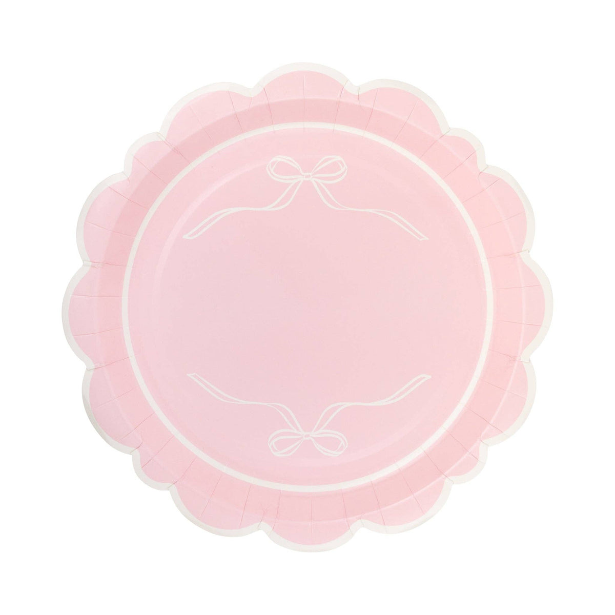 Single pink bow scalloped paper plate on white background showing pink surface with two white ribbon bow line drawings at top and bottom of inner circle, framed by a pink and cream scalloped flower-shaped edge
