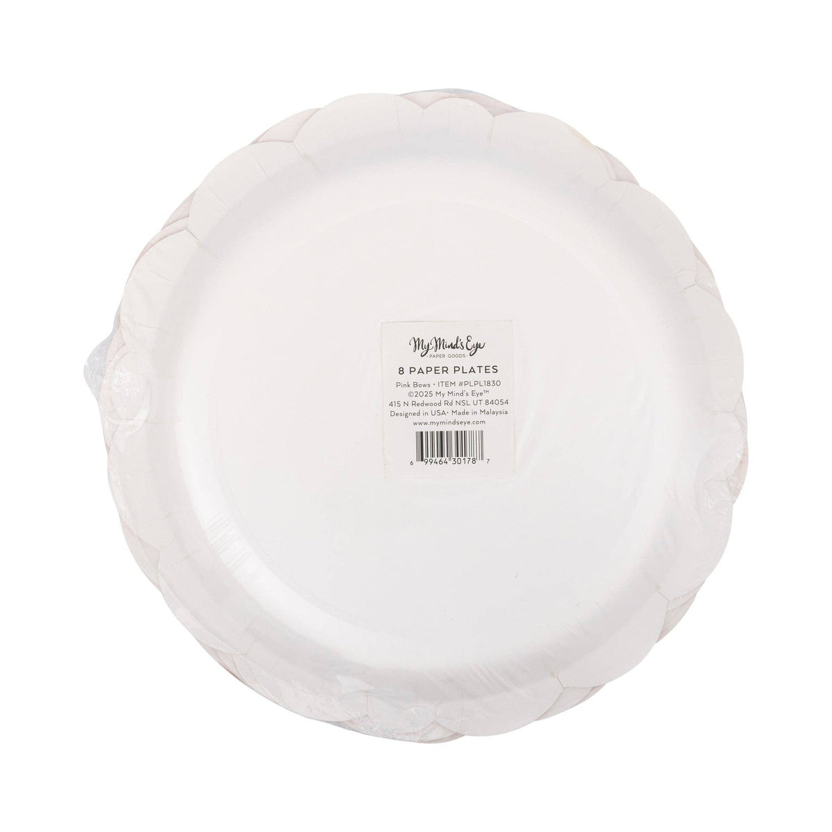 Back view of stack of Pink Bow Scalloped Paper Plates showing scalloped flower edge profile and the My Mind's Eye paper goods product label confirming 8 paper plates pink bows design, SKU PLPL1830