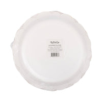 Back view of stack of Pink Bow Scalloped Paper Plates showing scalloped flower edge profile and the My Mind's Eye paper goods product label confirming 8 paper plates pink bows design, SKU PLPL1830