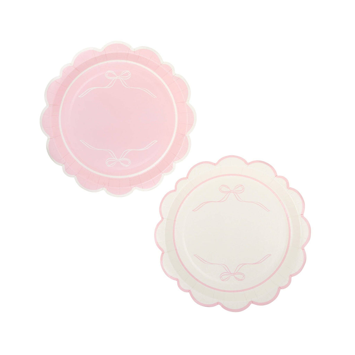 Both Pink Bow Scalloped Paper Plate designs displayed side by side on white background — pink plate with white ribbon bows and cream plate with pink ribbon bows, both with pink scalloped flower edges