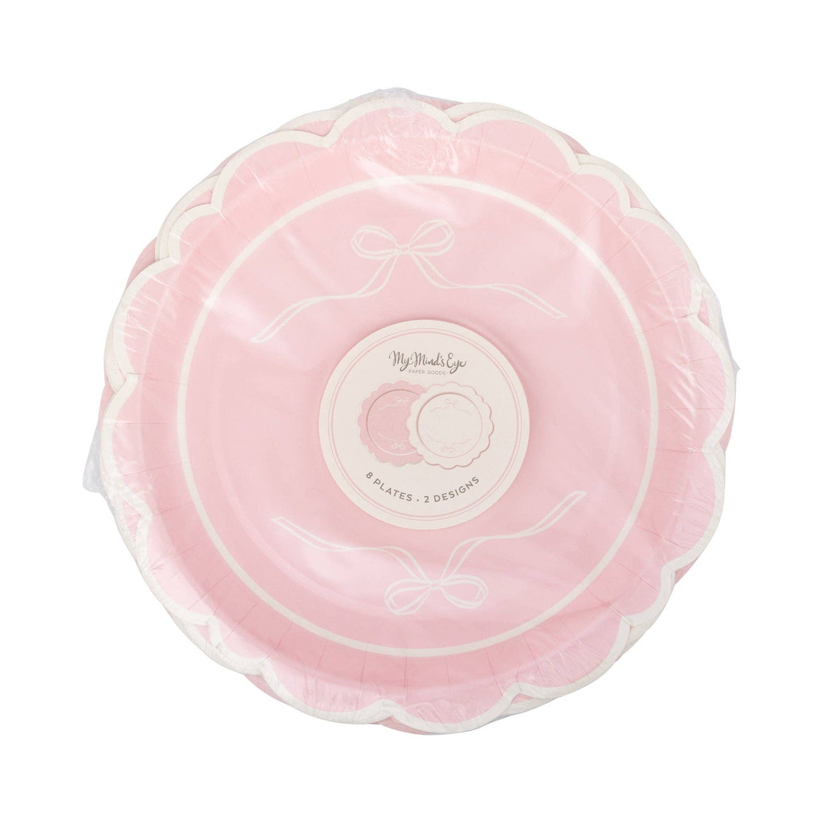 Top-down view of unopened Pink Bow Scalloped Paper Plates package showing both plate designs stacked together with My Mind's Eye paper goods label confirming 8 plates and 2 designs