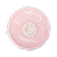 Top-down view of unopened Pink Bow Scalloped Paper Plates package showing both plate designs stacked together with My Mind's Eye paper goods label confirming 8 plates and 2 designs