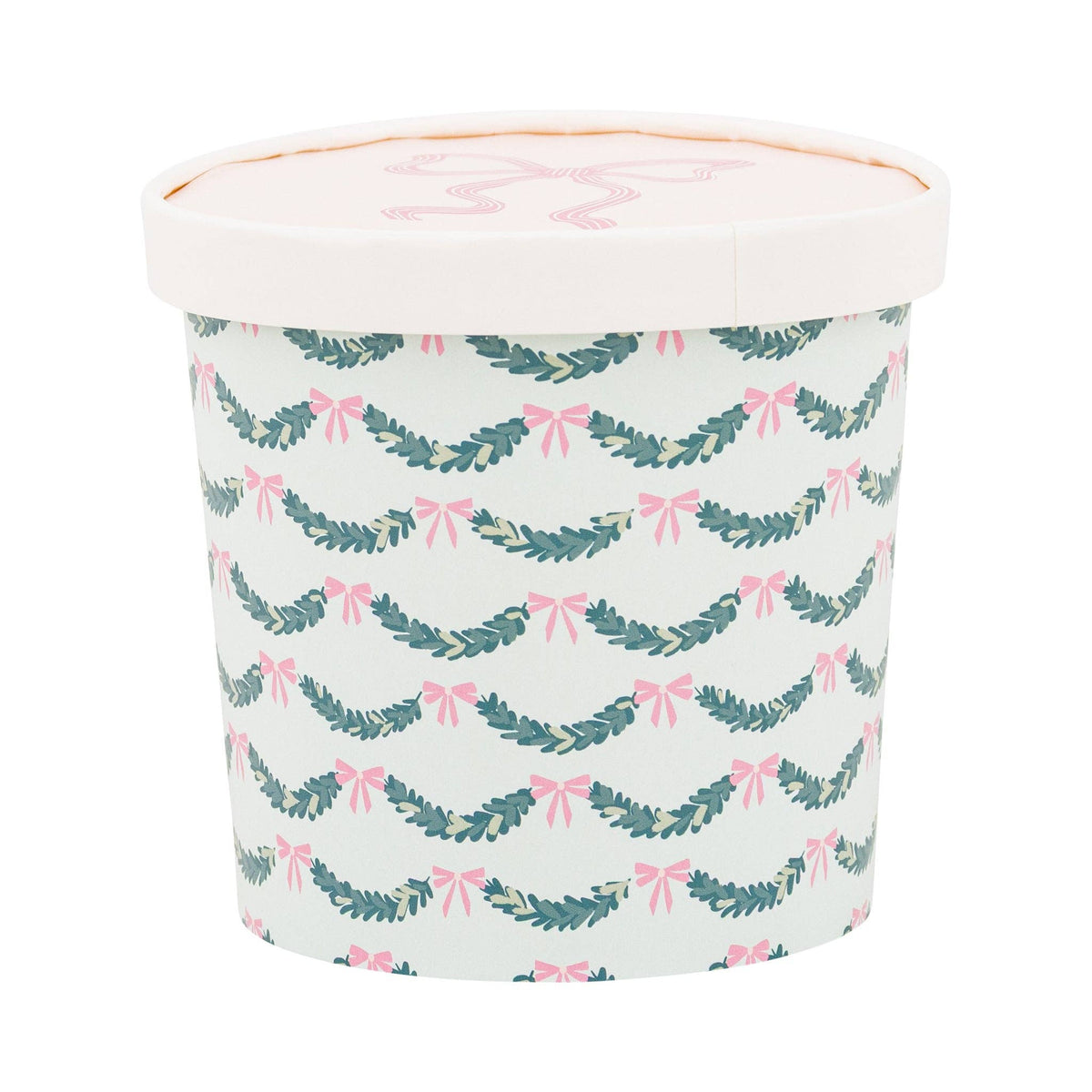 Single pink bow take out cup showing garland pattern detail.