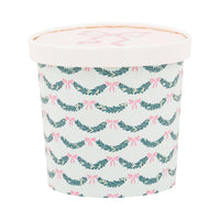 Single pink bow take out cup showing garland pattern detail.