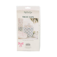 Back packaging of pink bow treat cups with product details.