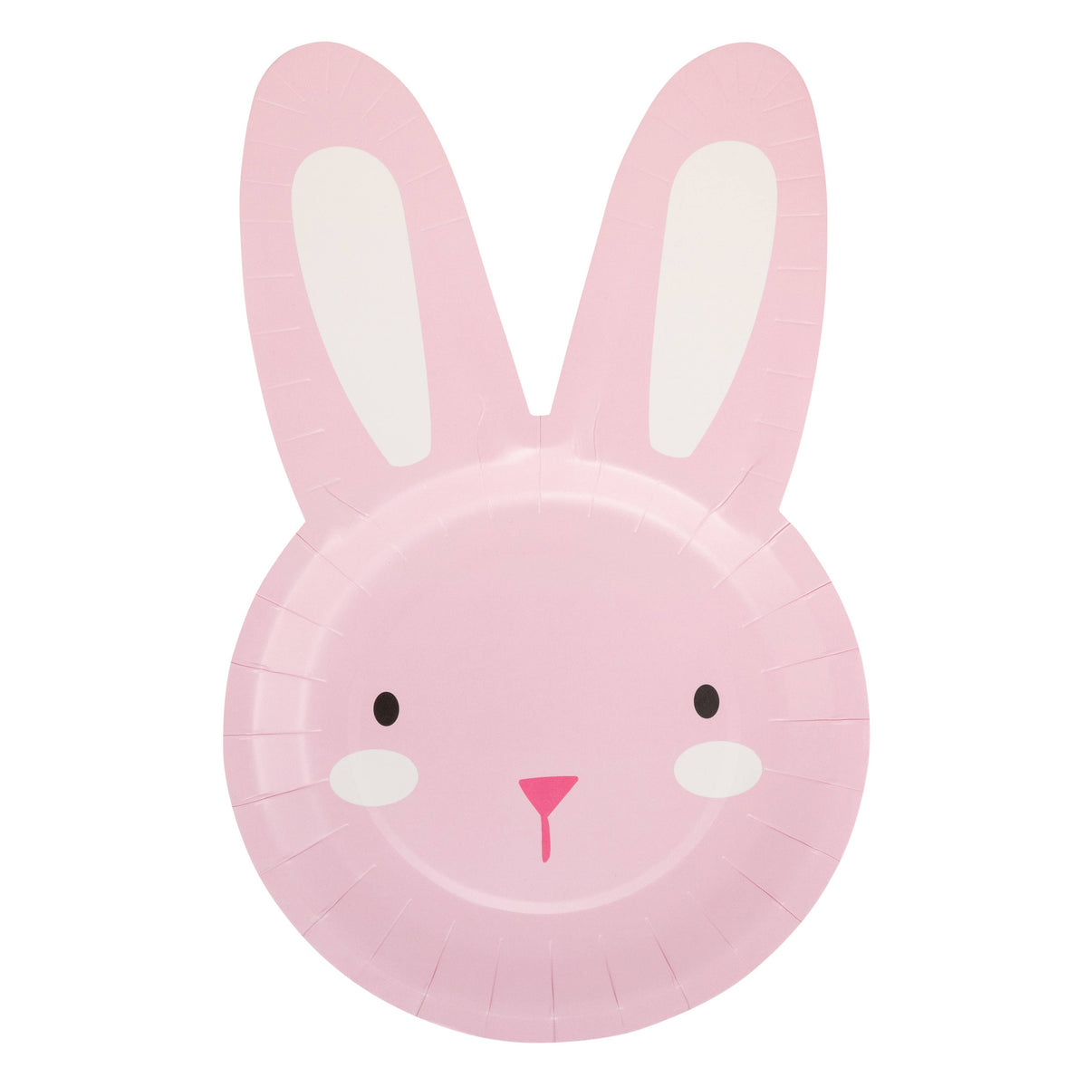 Pink bunny shaped Easter paper plate with tall ears on white background.