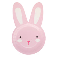 Pink bunny shaped Easter paper plate with tall ears on white background.