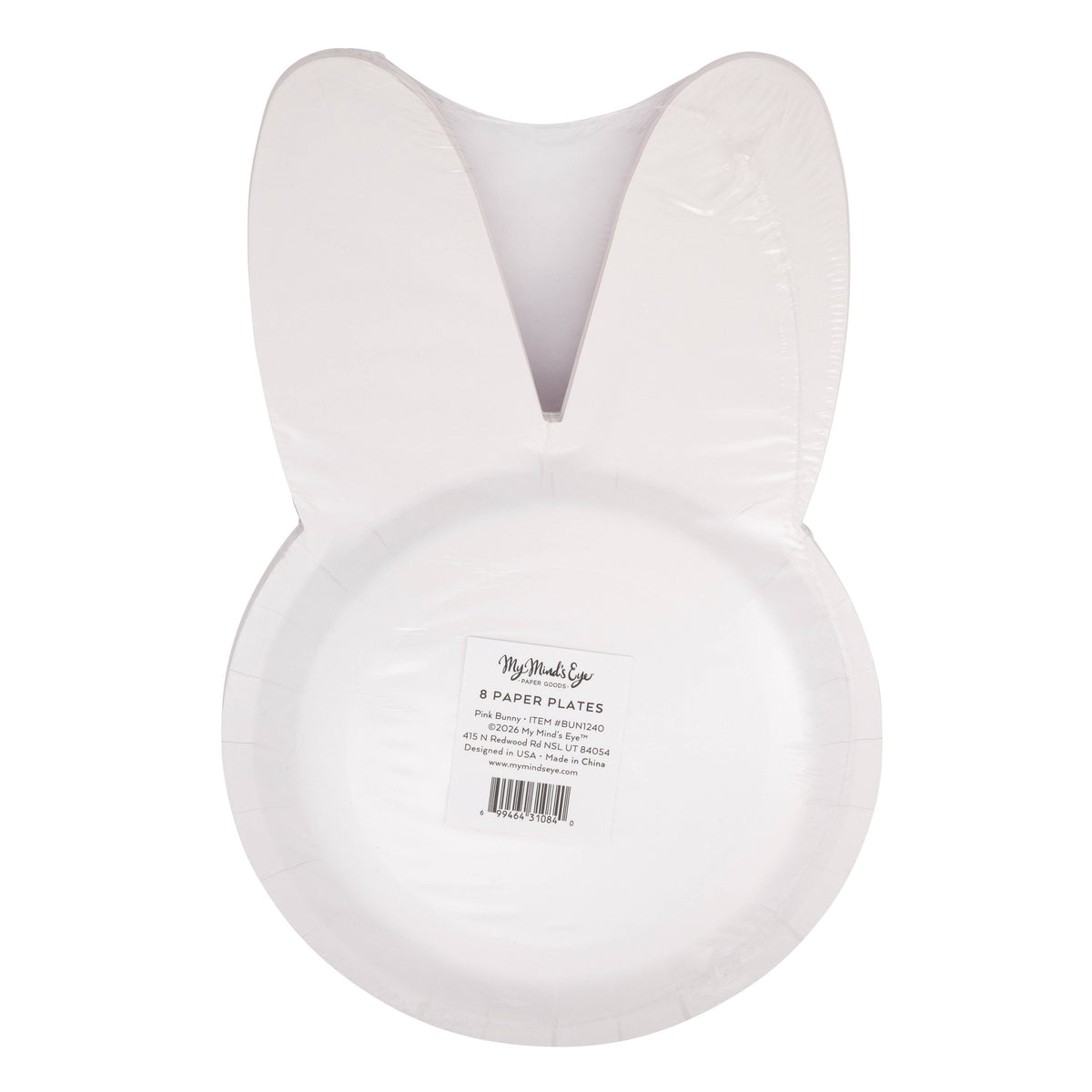 Back view of packaged bunny shaped paper plates showing product label.