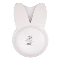 Back view of packaged bunny shaped paper plates showing product label.