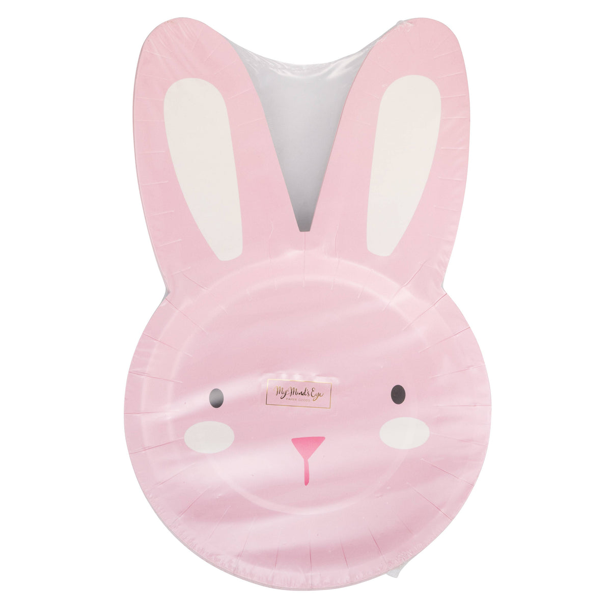 Packaged set of pink bunny shaped paper plates for Easter party tableware.