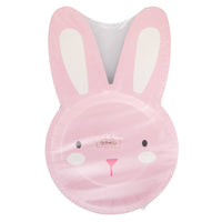 Packaged set of pink bunny shaped paper plates for Easter party tableware.