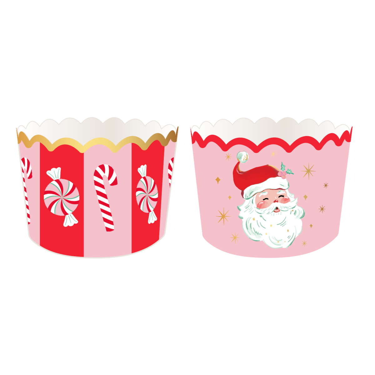 Two pink Christmas baking cups, one peppermint stripe with a gold scalloped rim and one pink Santa with a red scalloped rim