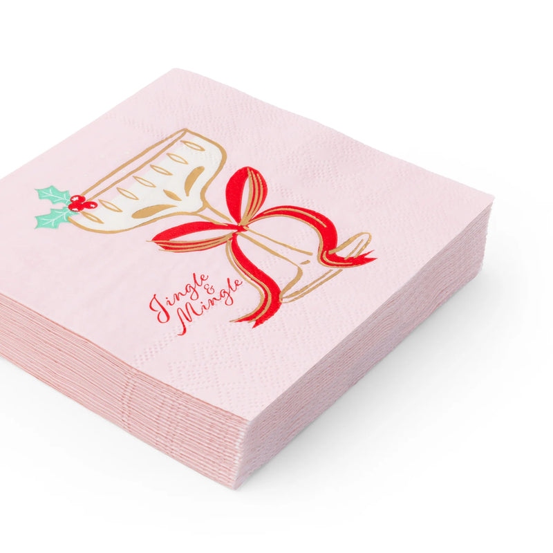 Stack of pink Christmas cocktail napkins with coupe glass, ribbon bow, and holly—perfect for girly Christmas bar carts.