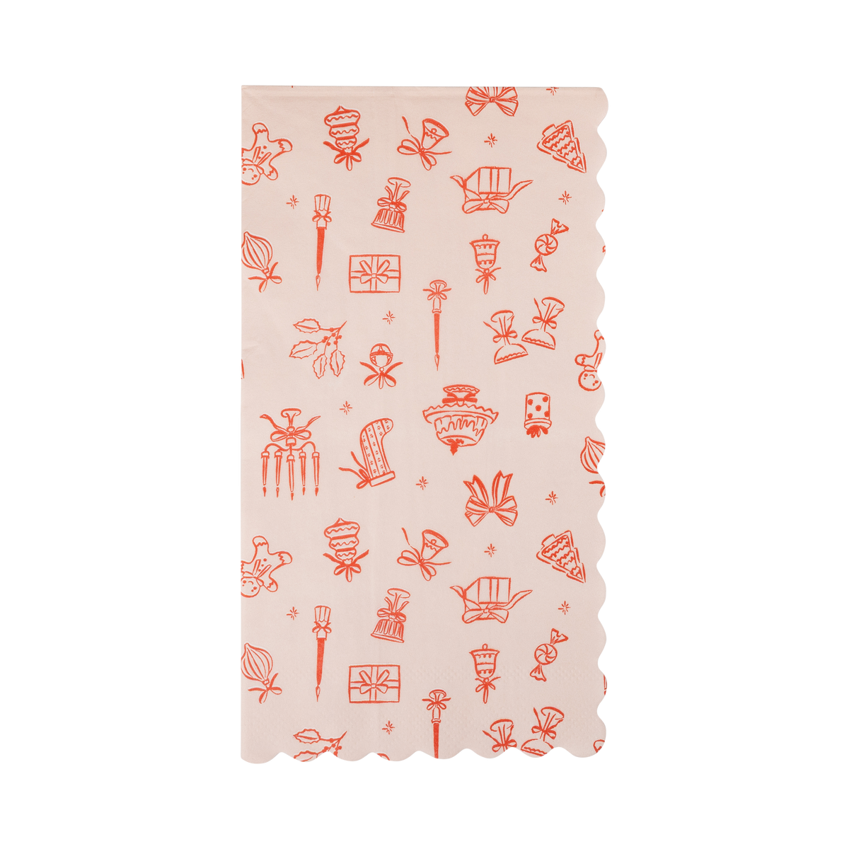 Pink Christmas dinner napkin with a red and pink happy icon pattern and scalloped edges