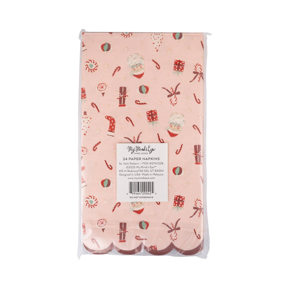 Back of St. Nick pattern napkin pack showing barcode and product details