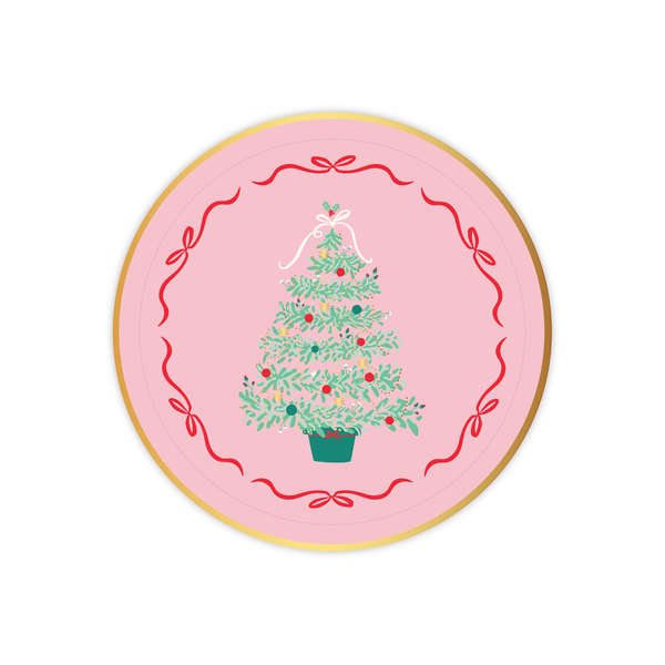 Pink Christmas Tree dessert plate with illustrated green tree and red ribbon border on a pink background.
