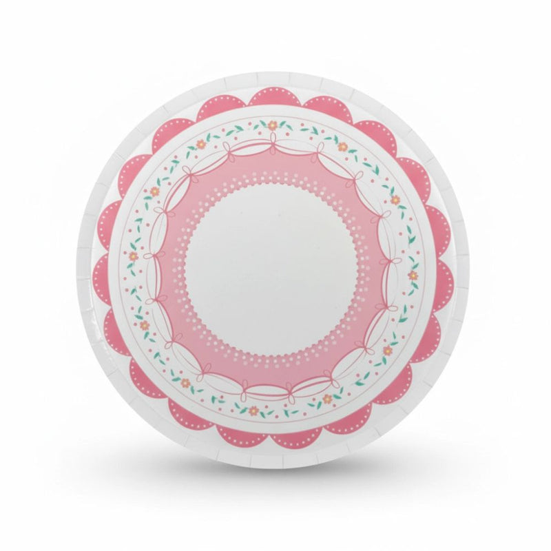 Single 8-inch paper dessert plate with pink lace and floral border