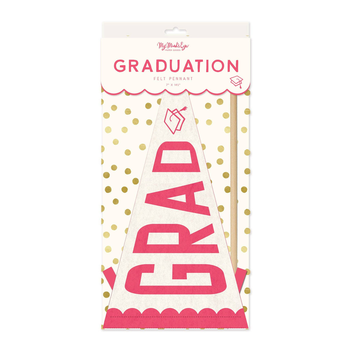 Packaging for a pink felt graduation pennant featuring a wooden dowel and grosgrain ribbons.