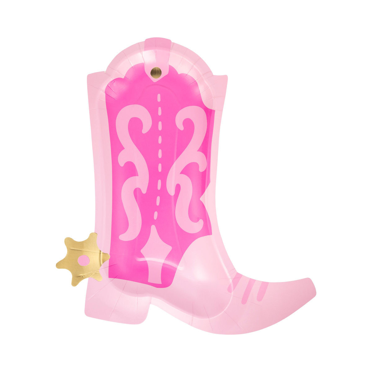 Single pink cowgirl boot shaped paper plate on white background showing two-tone hot pink and light pink design with decorative scrollwork up the shaft and gold foil spur at the heel