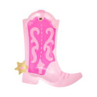Single pink cowgirl boot shaped paper plate on white background showing two-tone hot pink and light pink design with decorative scrollwork up the shaft and gold foil spur at the heel