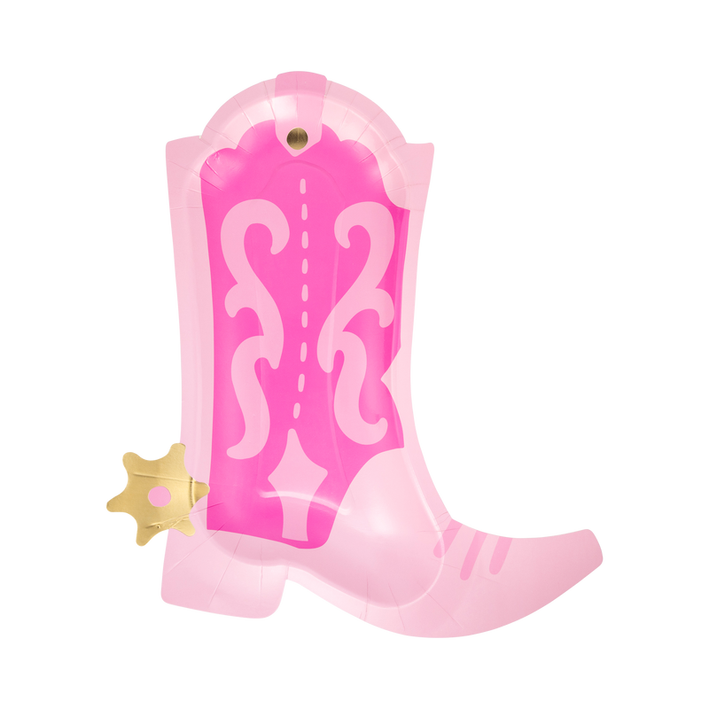 Single pink cowgirl boot shaped paper plate on white background showing two-tone hot pink and light pink design with decorative scrollwork up the shaft and gold foil spur at the heel