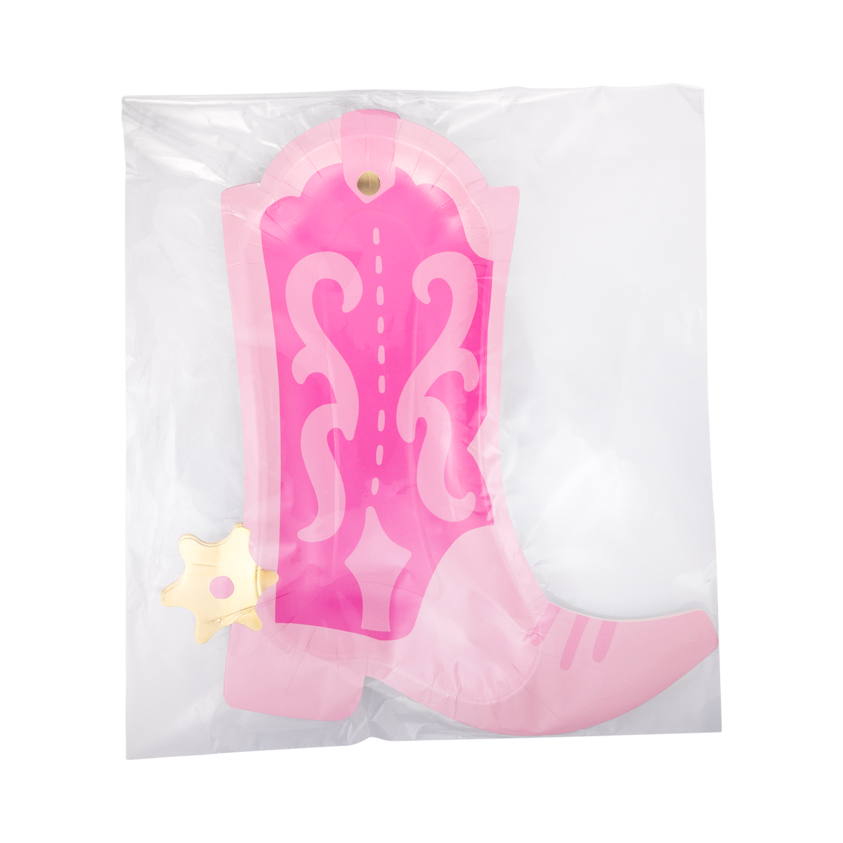 Front of pink cowgirl boot paper plate in clear packaging showing hot pink and light pink boot design with gold foil spur and western scrollwork detail