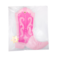 Front of pink cowgirl boot paper plate in clear packaging showing hot pink and light pink boot design with gold foil spur and western scrollwork detail