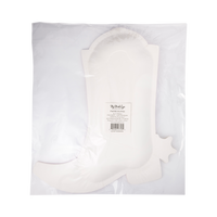 Back of pink cowgirl boot paper plate package showing white reverse of plate in clear packaging with My Mind's Eye product label for 8 11" pink boot paper plates