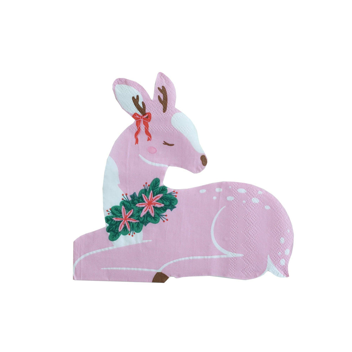 Pink deer shaped napkin with a poinsettia garland and red bow on a white background