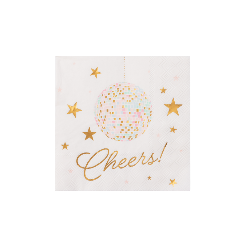 Pink disco ball cocktail napkin with pink foil shimmer print on white background