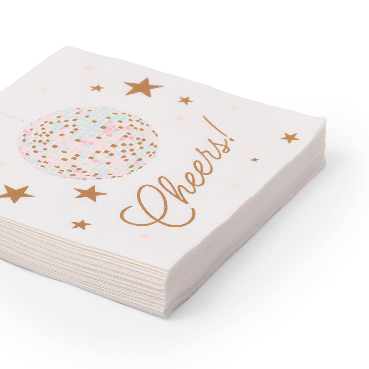 Stack of pink disco ball party napkins with foil detail, styled for a bachelorette or disco birthday party