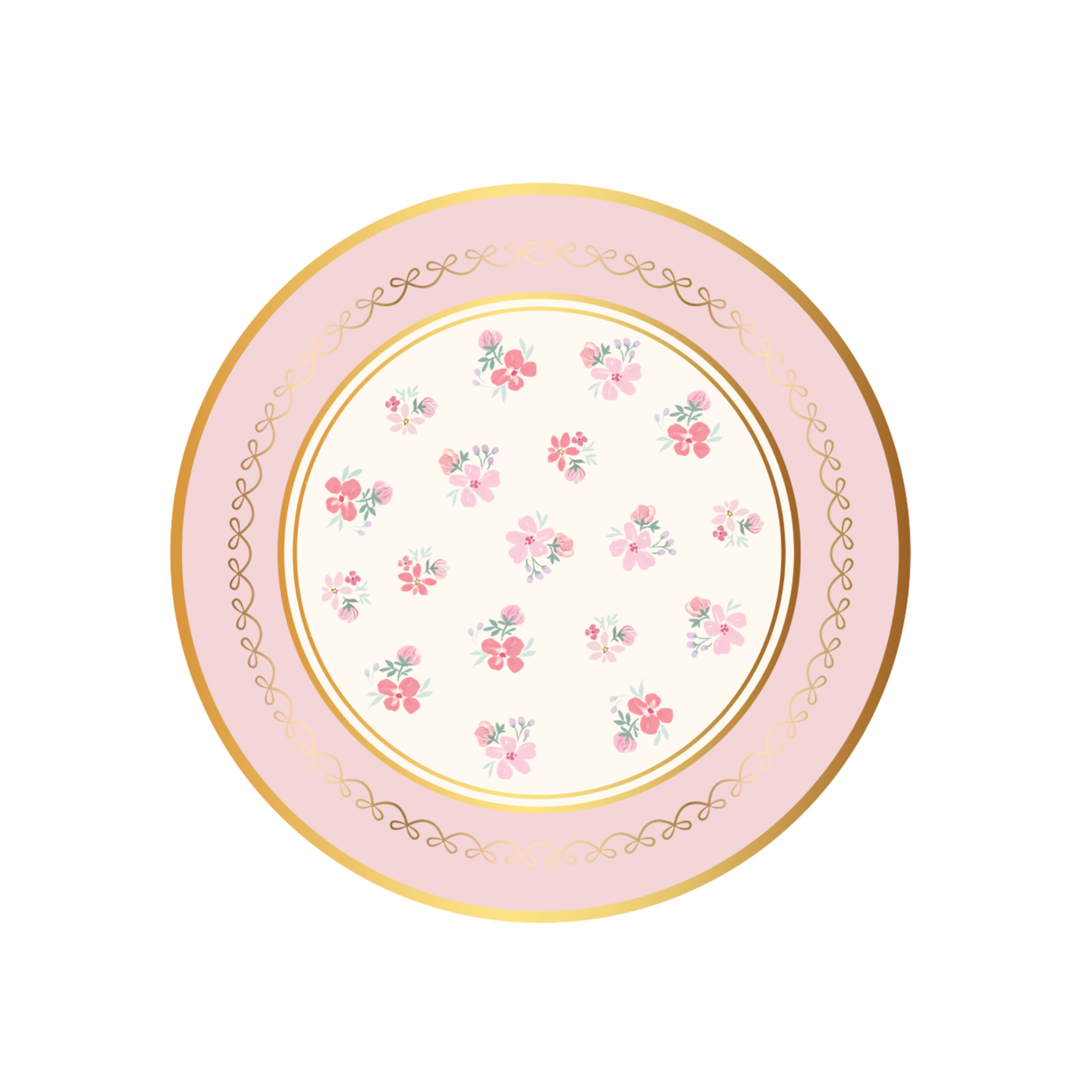 Round pink floral dessert plate with a blush ground, scattered watercolor florals, a gold-scroll inner border, and a scalloped gold-trimmed rim, overhead view on white background.