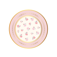 Round pink floral dessert plate with a blush ground, scattered watercolor florals, a gold-scroll inner border, and a scalloped gold-trimmed rim, overhead view on white background.