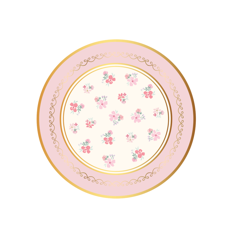 Round pink floral dessert plate with a blush ground, scattered watercolor florals, a gold-scroll inner border, and a scalloped gold-trimmed rim, overhead view on white background.