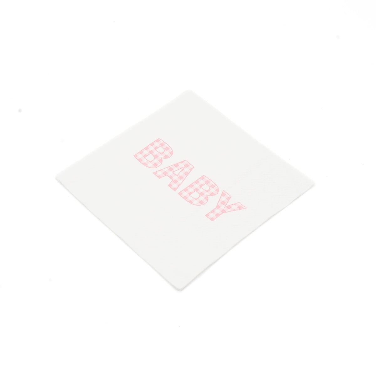 Pink gingham BABY paper cocktail napkin at an angle on white, 5 x 5 in square folded size