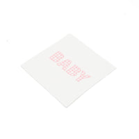 Pink gingham BABY paper cocktail napkin at an angle on white, 5 x 5 in square folded size