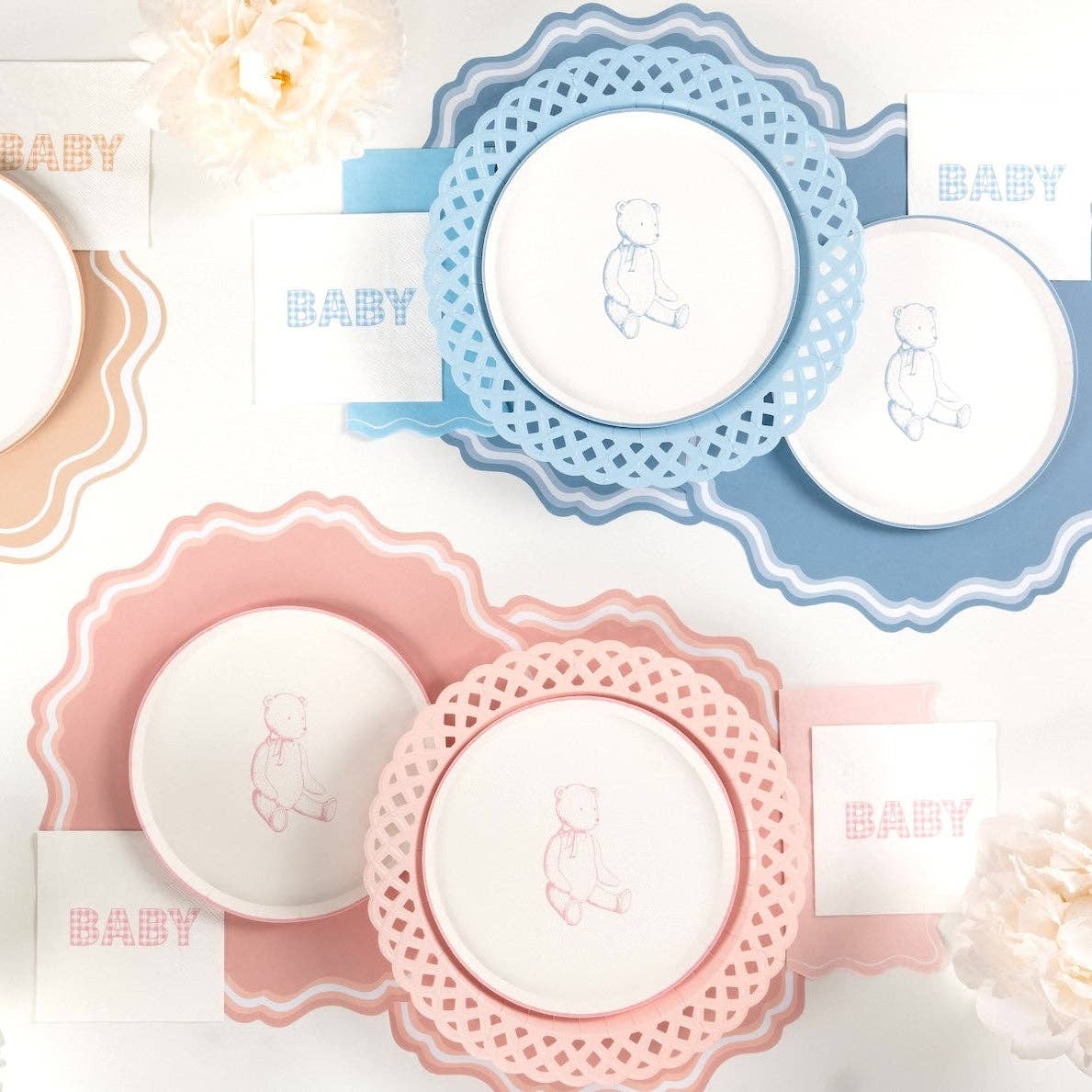 Pink gingham BABY napkins beside the blue gingham BABY napkins, each color sold as a separate 16 count pack