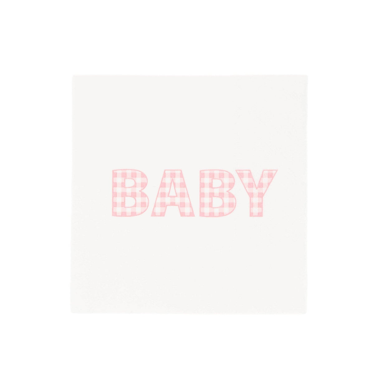 Pink gingham BABY paper cocktail napkin, white square napkin with baby spelled in soft pink gingham letters