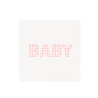 Pink gingham BABY paper cocktail napkin, white square napkin with baby spelled in soft pink gingham letters