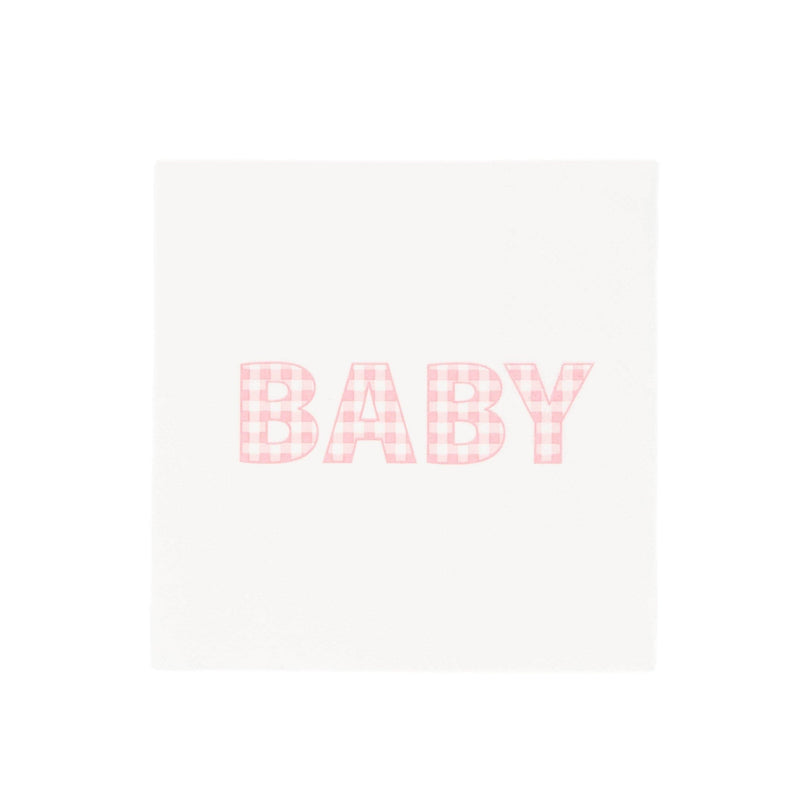 Pink gingham BABY paper cocktail napkin, white square napkin with baby spelled in soft pink gingham letters