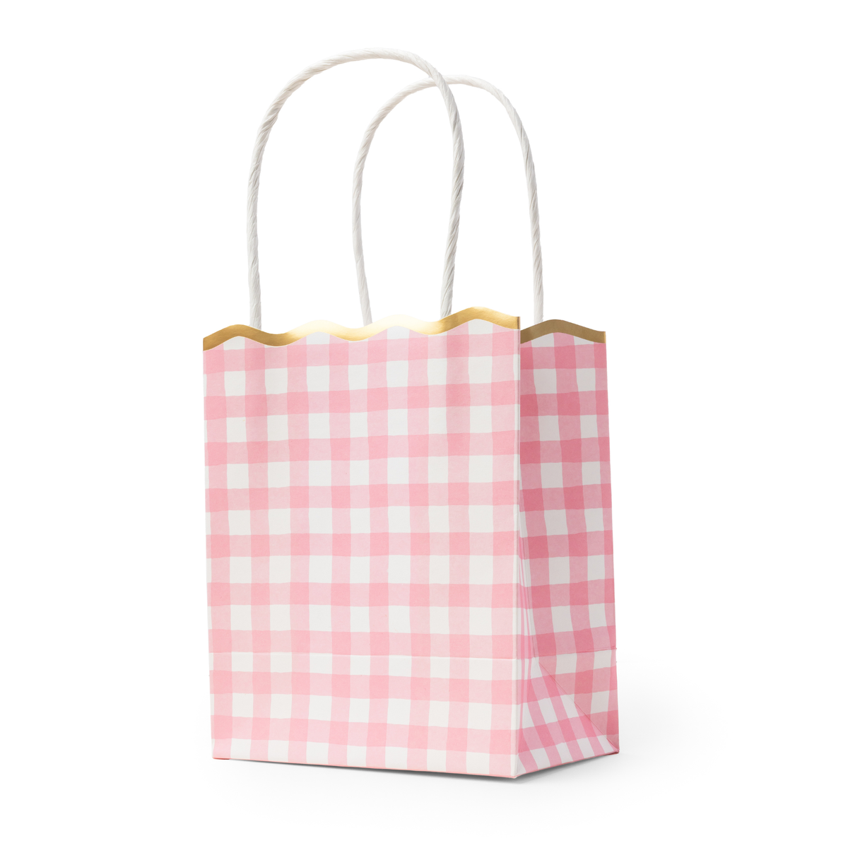 Pink gingham paper favor bag with gold scalloped rim and twisted white handles, standing upright