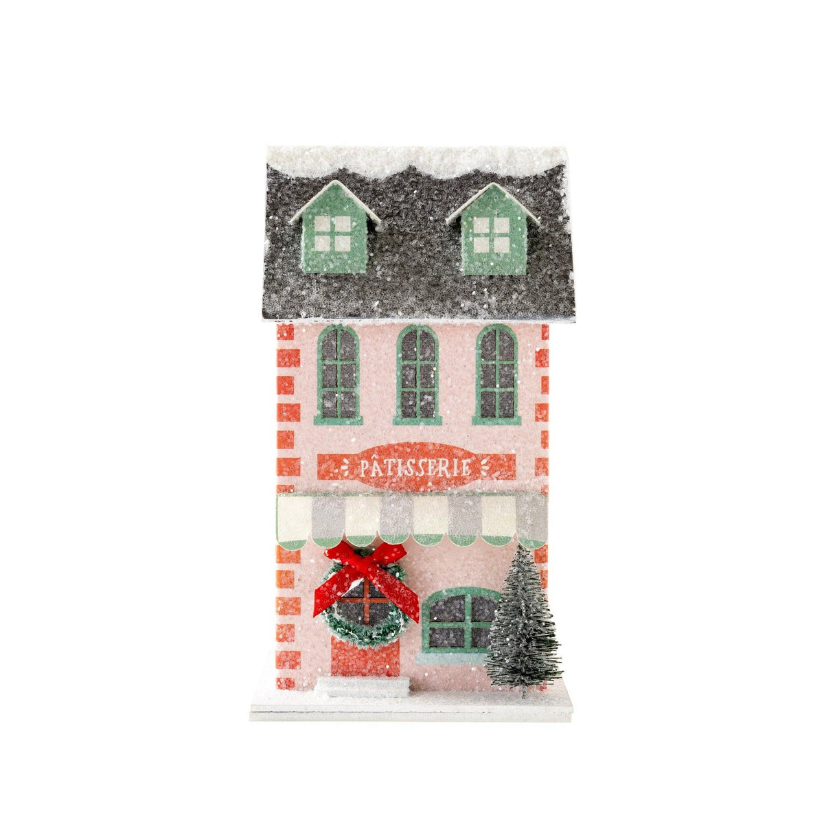 Front view of the pink glitter patisserie house on white, unlit