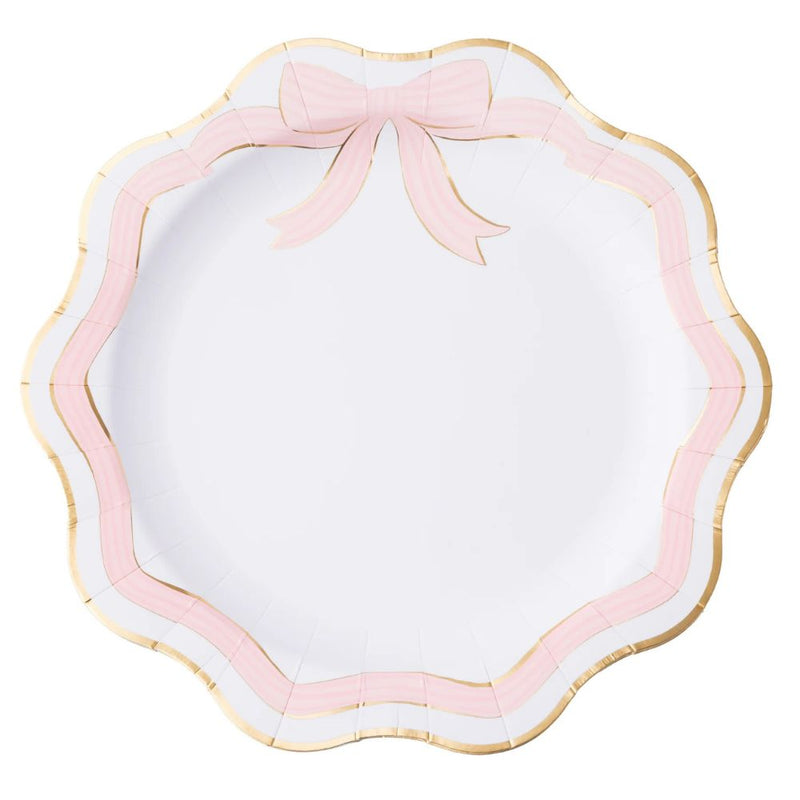Pink and gold bow dinner plate with scalloped edge