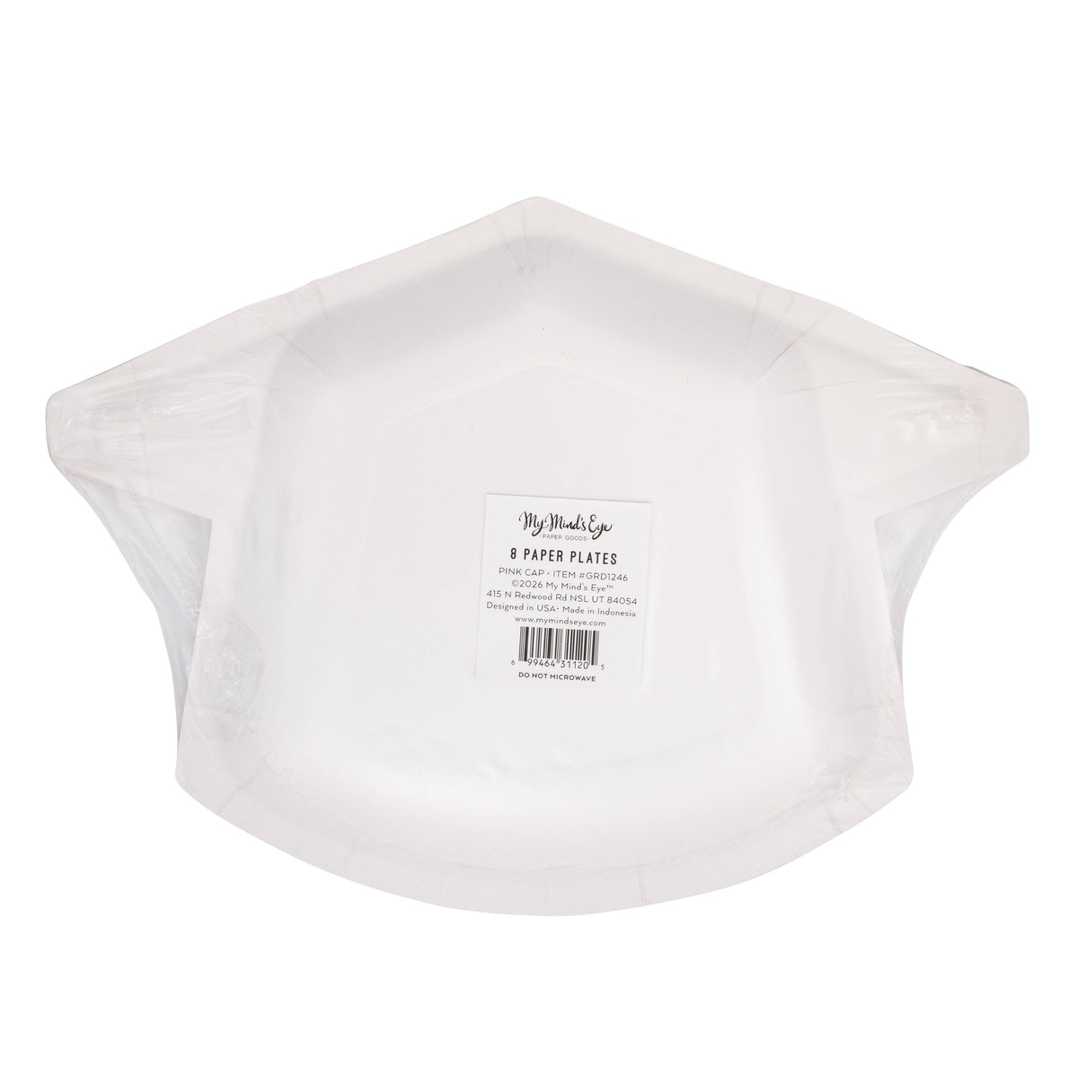 Back of pink graduation cap shaped paper plate packaging