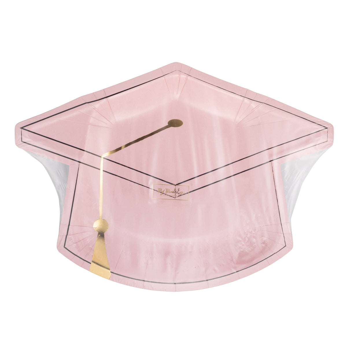 Pink graduation cap shaped plate in packaging with gold tassel design